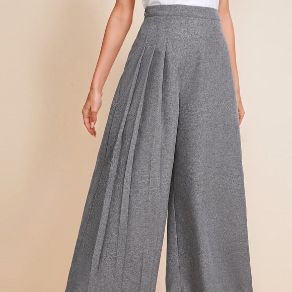 . Pants - Grey Casual Womens Fold Pleated Detail Wide Leg Pants